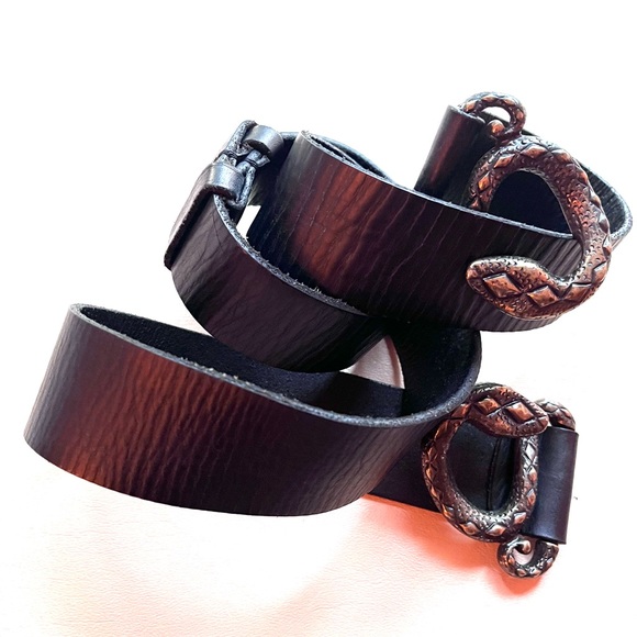 Snakes Serpents Buckle Statement Leather Slide Cinch Belt Italy - Picture 10 of 12
